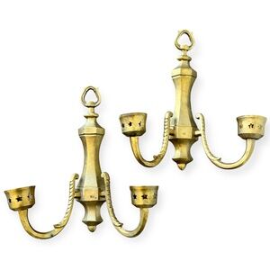 Vintage Solid Brass Double Candle Holder Wall Sconces Made in India Star Motif